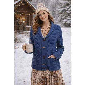 Chunky Cottagecore Boho Blue Fisherman CableKnit ShawlCollar Cardigan M Sweater